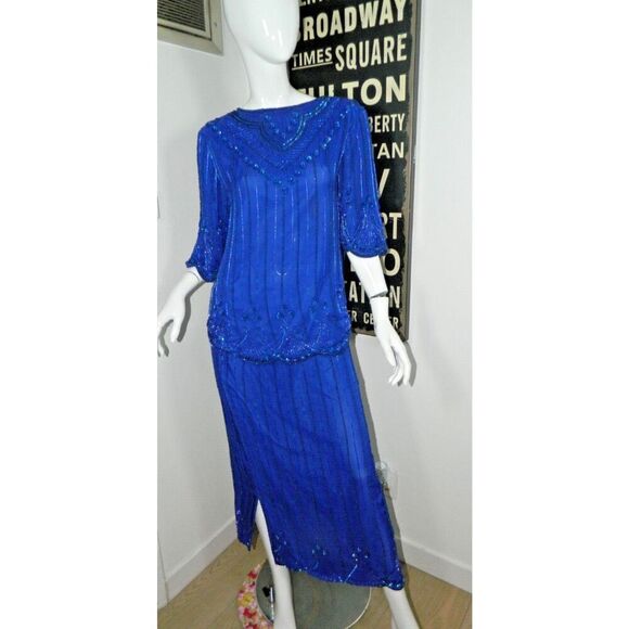 Vintage SCALA Set Suit Skirt Blouse Size Medium Blue Sequin Beaded